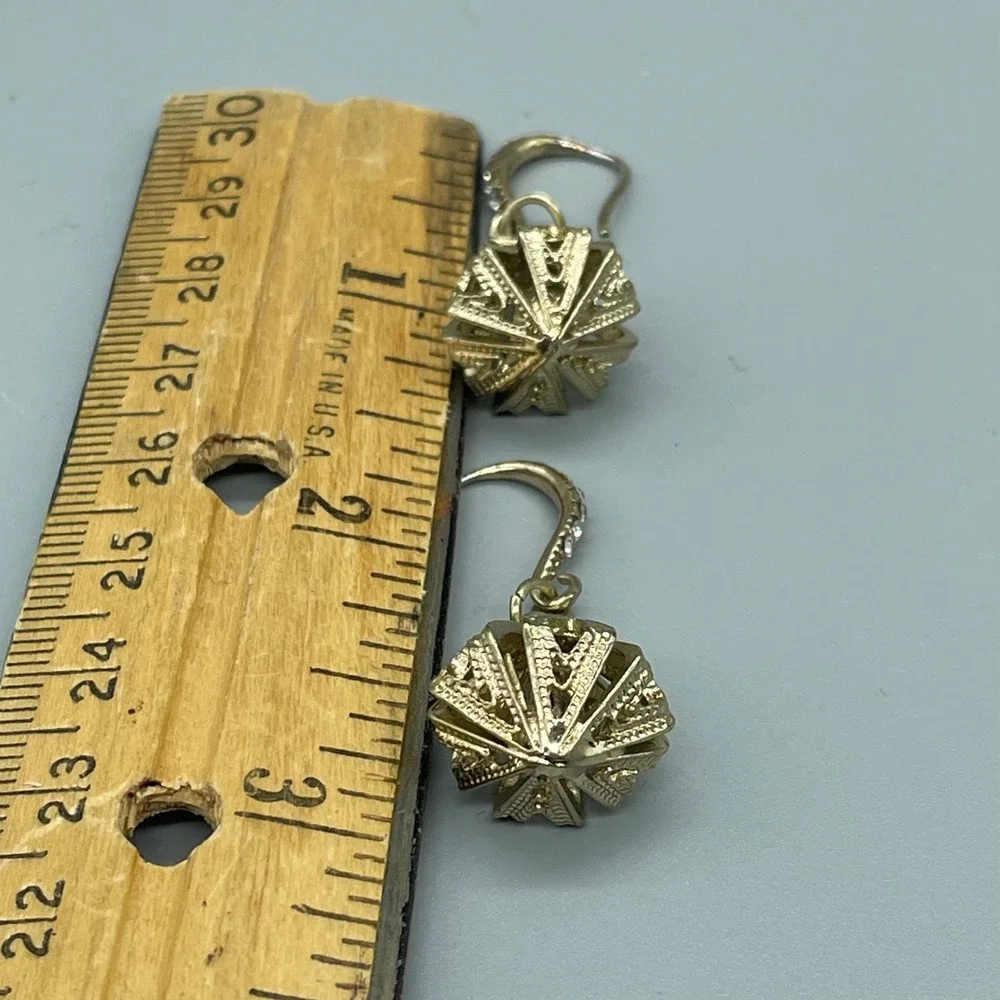 Gold Tone Geometric Cage Drop Earrings Crystal Accent‎ Shepherd Hook Dangle